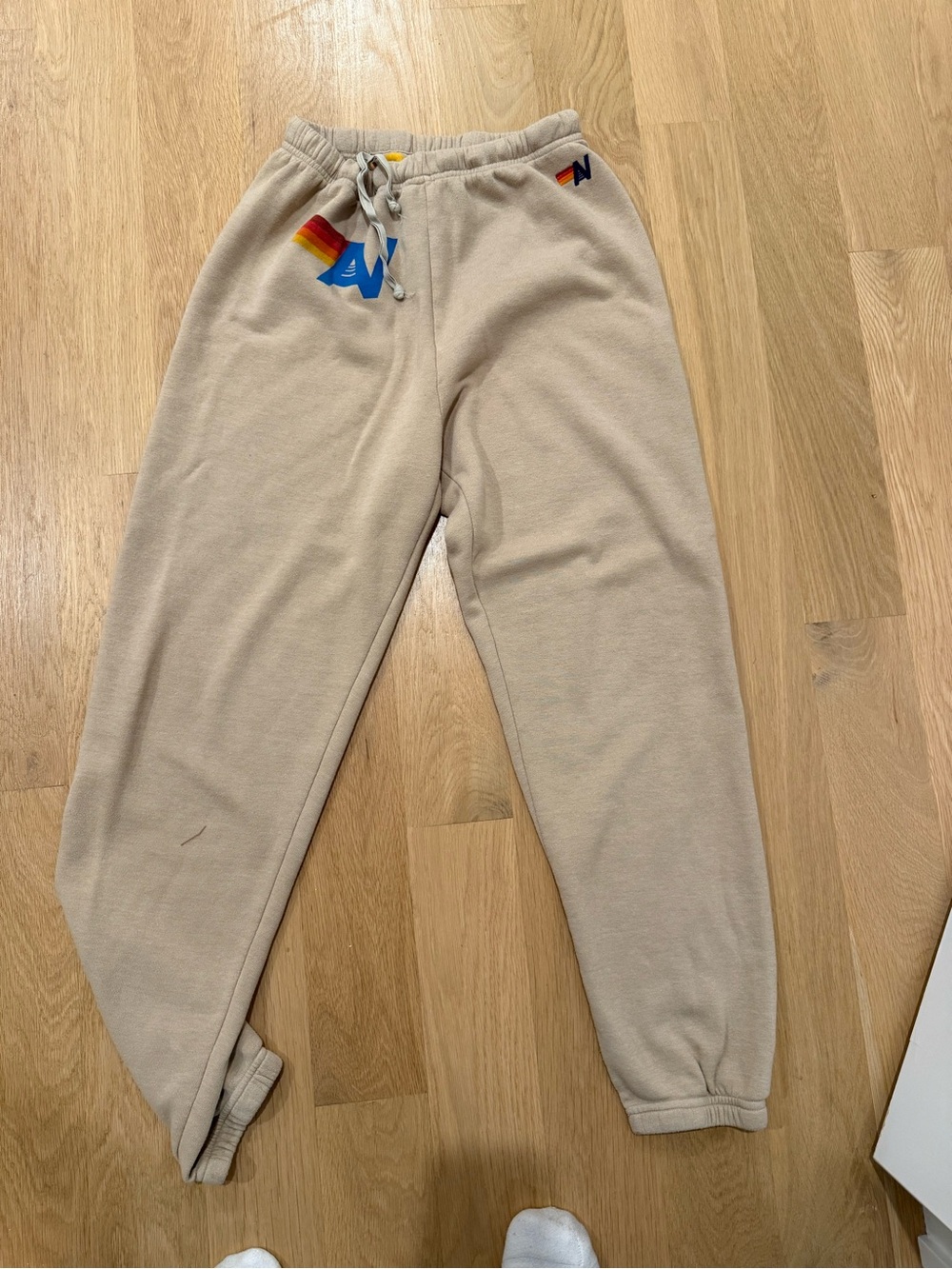 Aviator Nation Beige Sweatpants with Rainbow 'N' Accent